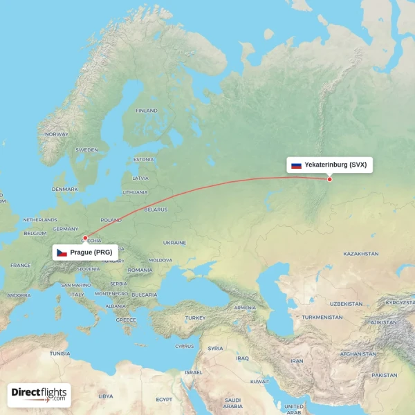 Yekaterinburg - Prague direct flight map