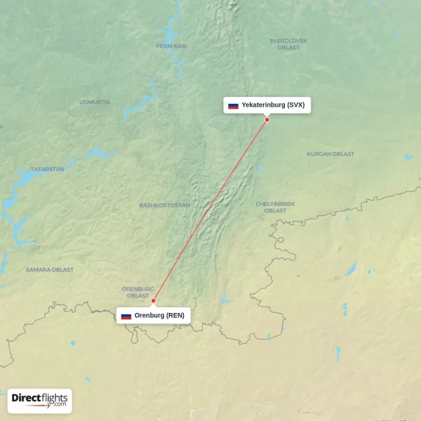 Yekaterinburg - Orenburg direct flight map