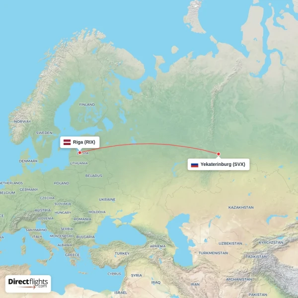 Yekaterinburg - Riga direct flight map