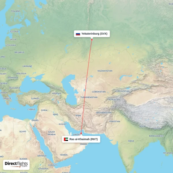 Yekaterinburg - Ras al-Khaimah direct flight map