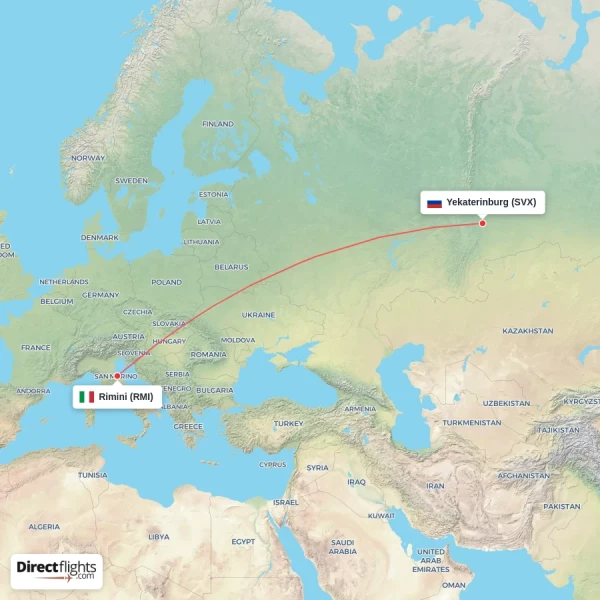 Yekaterinburg - Rimini direct flight map