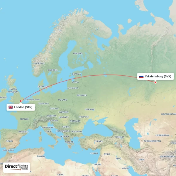 Yekaterinburg - London direct flight map