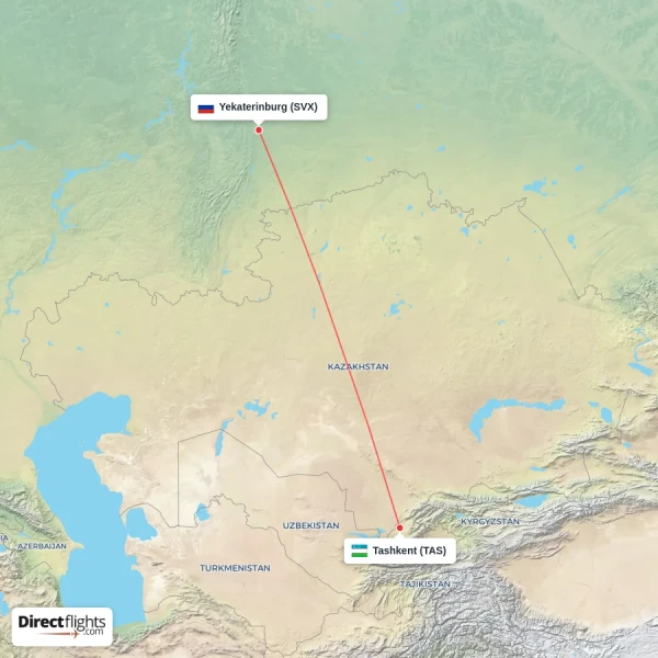 Yekaterinburg - Tashkent direct flight map