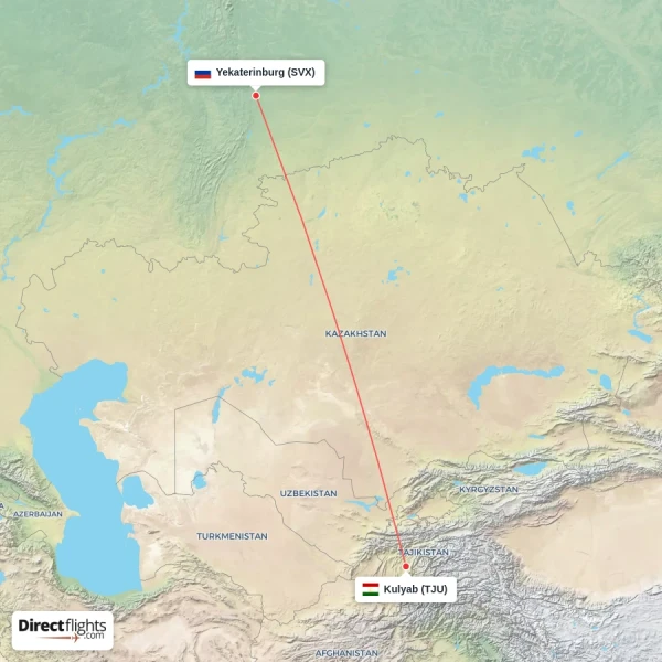 Yekaterinburg - Kulyab direct flight map