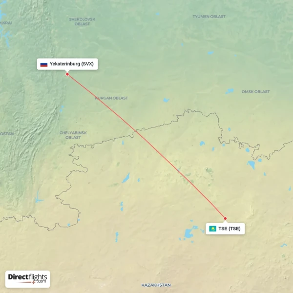 Yekaterinburg - TSE direct flight map