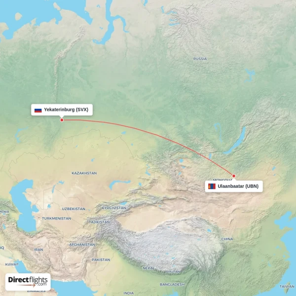 Yekaterinburg - Ulaanbaatar direct flight map