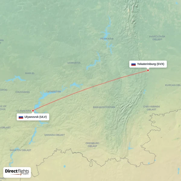 Yekaterinburg - Ulyanovsk direct flight map