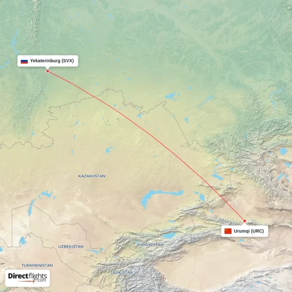 Yekaterinburg - Urumqi direct flight map