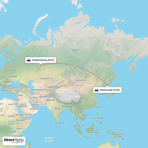 Yekaterinburg - Vladivostok direct flight map