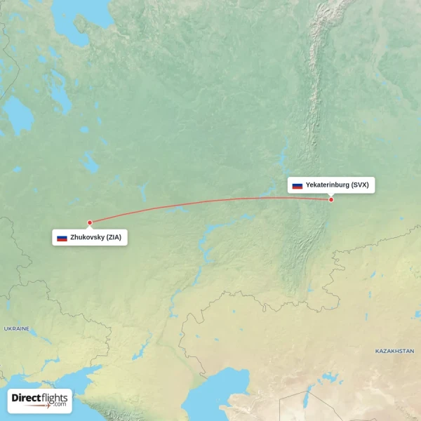 Yekaterinburg - Zhukovsky direct flight map