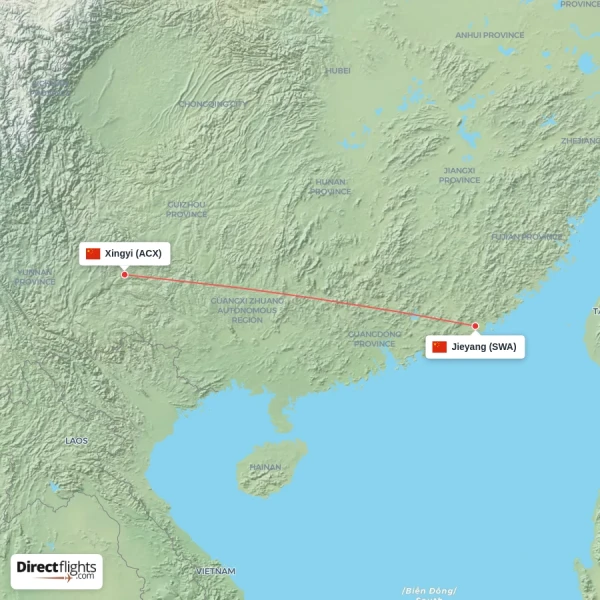Jieyang - Xingyi direct flight map