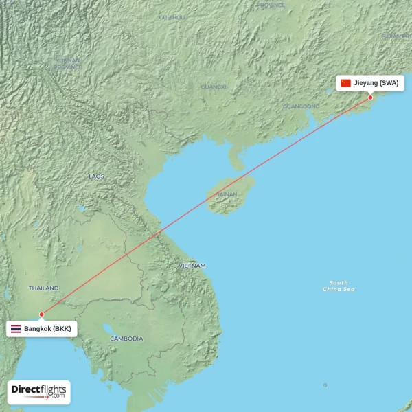 Jieyang - Bangkok direct flight map