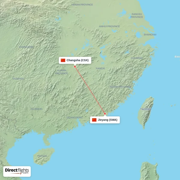 Jieyang - Changsha direct flight map