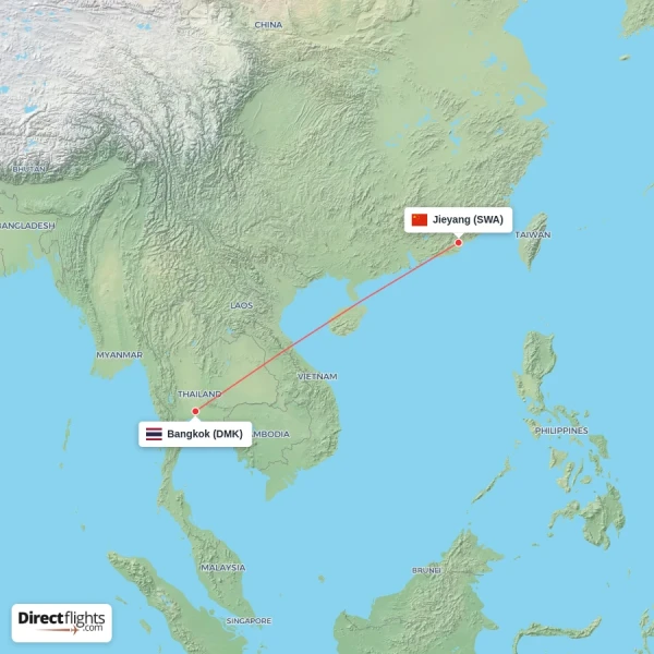 Jieyang - Bangkok direct flight map