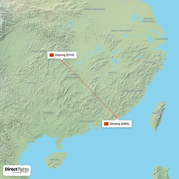 Jieyang - Dayong direct flight map