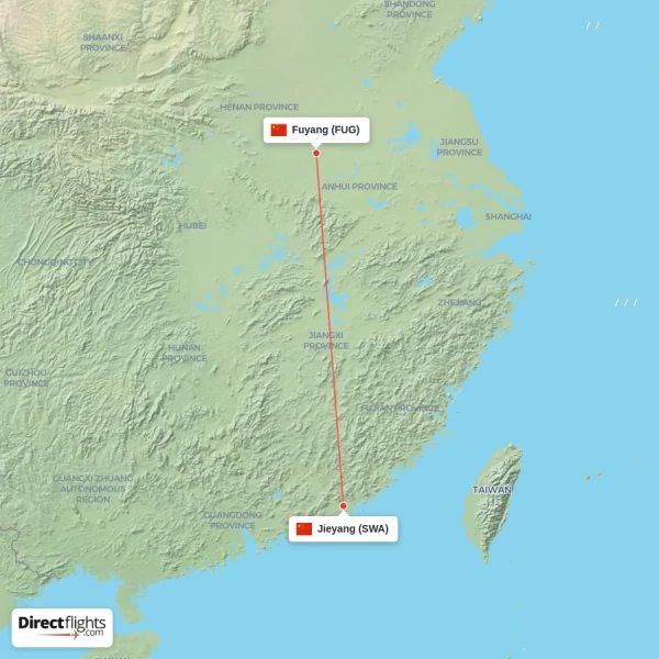 Jieyang - Fuyang direct flight map