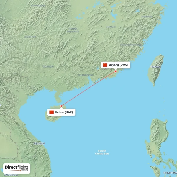 Jieyang - Haikou direct flight map