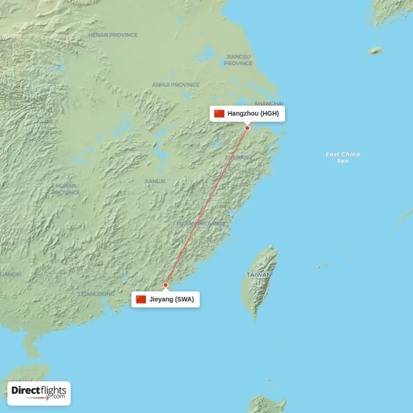 Jieyang - Hangzhou direct flight map