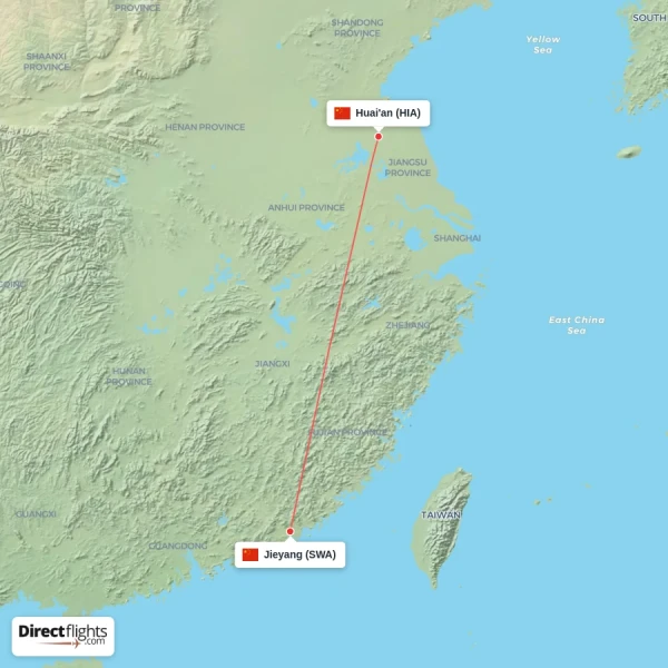 Jieyang - Huai'an direct flight map