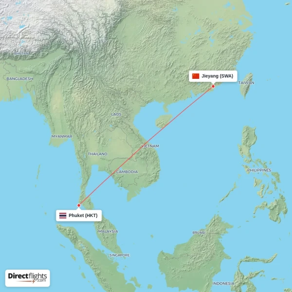 Jieyang - Phuket direct flight map