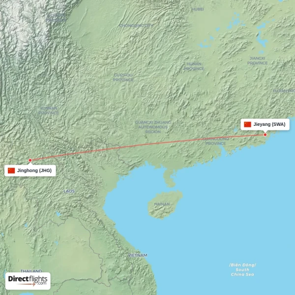 Jieyang - Jinghong direct flight map