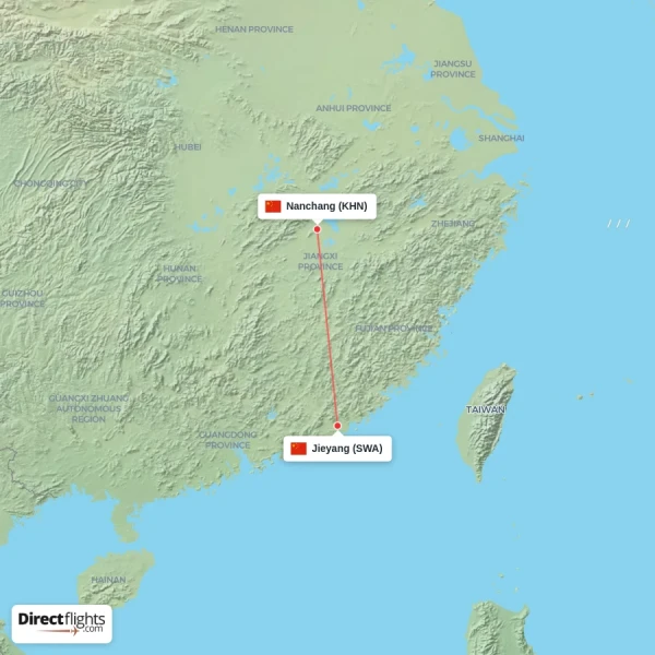 Jieyang - Nanchang direct flight map