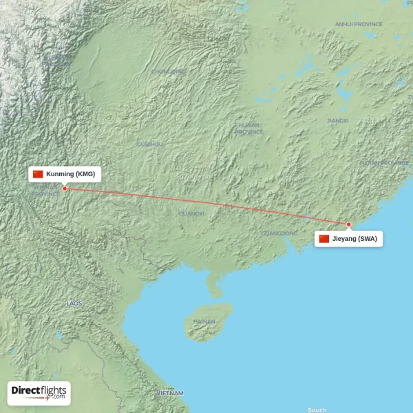 Jieyang - Kunming direct flight map