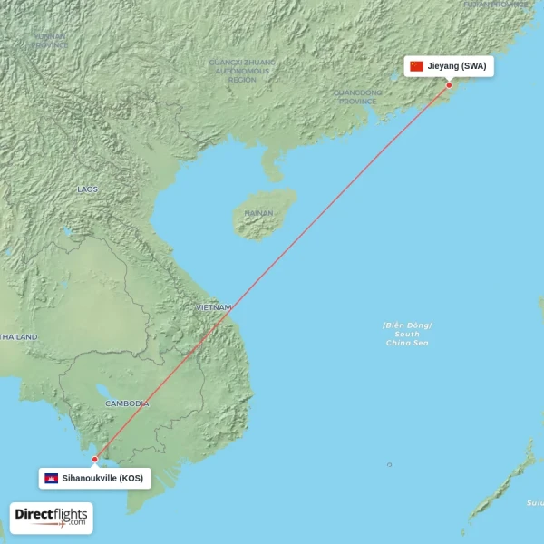 Jieyang - Sihanoukville direct flight map
