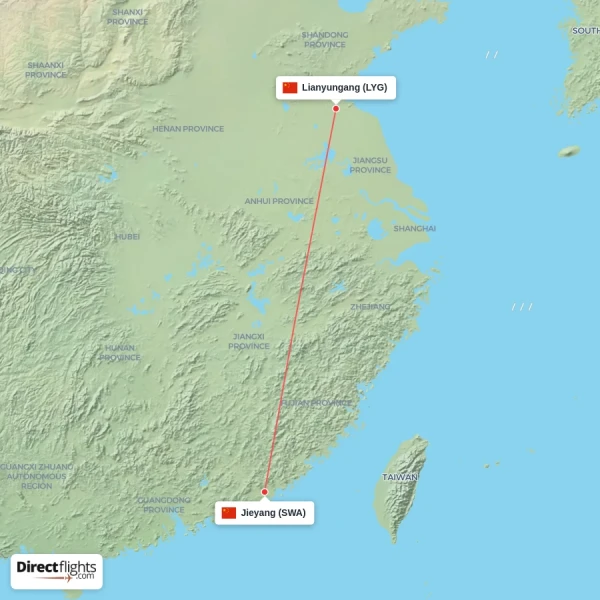 Jieyang - Lianyungang direct flight map