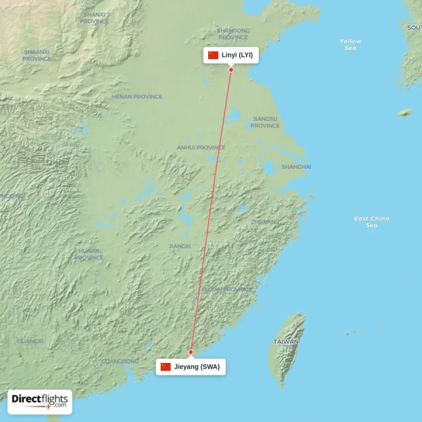 Jieyang - Linyi direct flight map