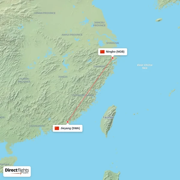 Jieyang - Ningbo direct flight map