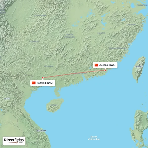 Jieyang - Nanning direct flight map