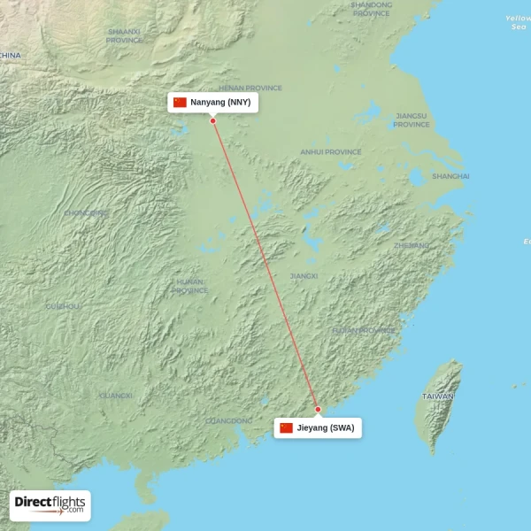 Jieyang - Nanyang direct flight map