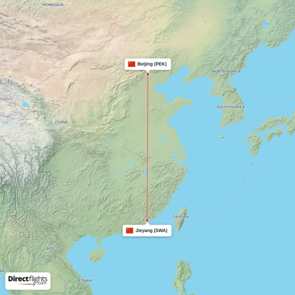 Jieyang - Beijing direct flight map