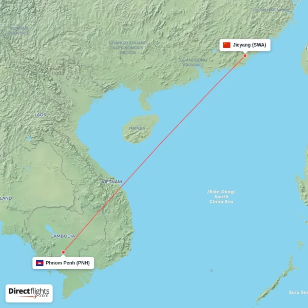 Jieyang - Phnom Penh direct flight map