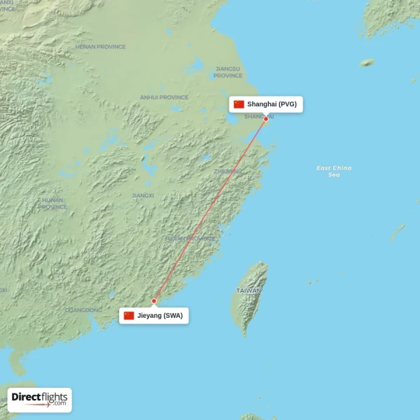 Jieyang - Shanghai direct flight map
