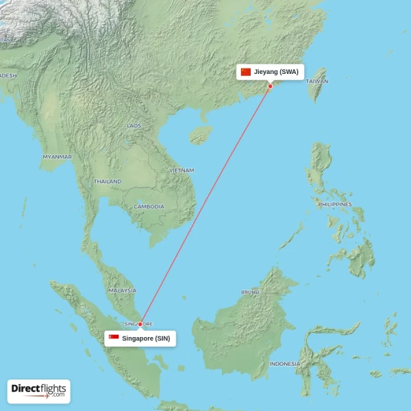 Jieyang - Singapore direct flight map