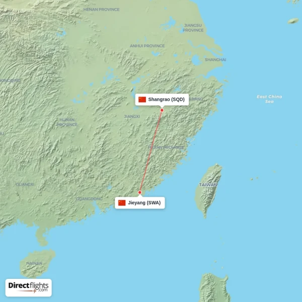 Jieyang - Shangrao direct flight map