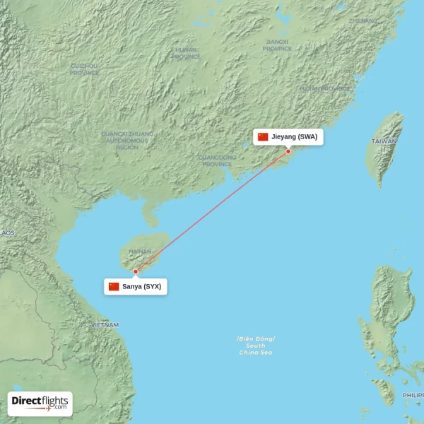 Jieyang - Sanya direct flight map