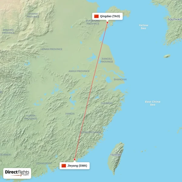Jieyang - Qingdao direct flight map