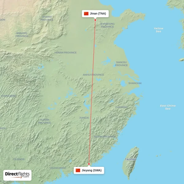 Jieyang - Jinan direct flight map