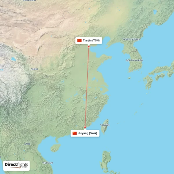 Jieyang - Tianjin direct flight map