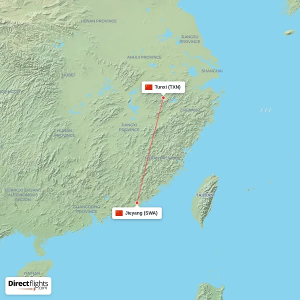 Jieyang - Tunxi direct flight map