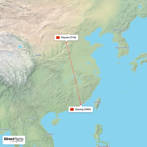 Jieyang - Taiyuan direct flight map