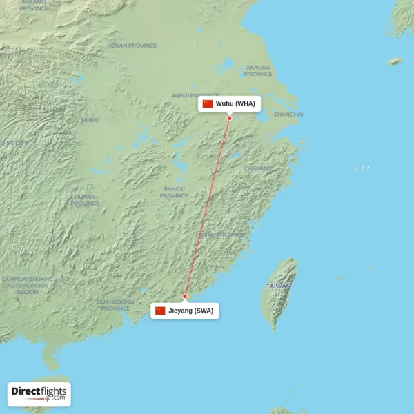Jieyang - Wuhu direct flight map
