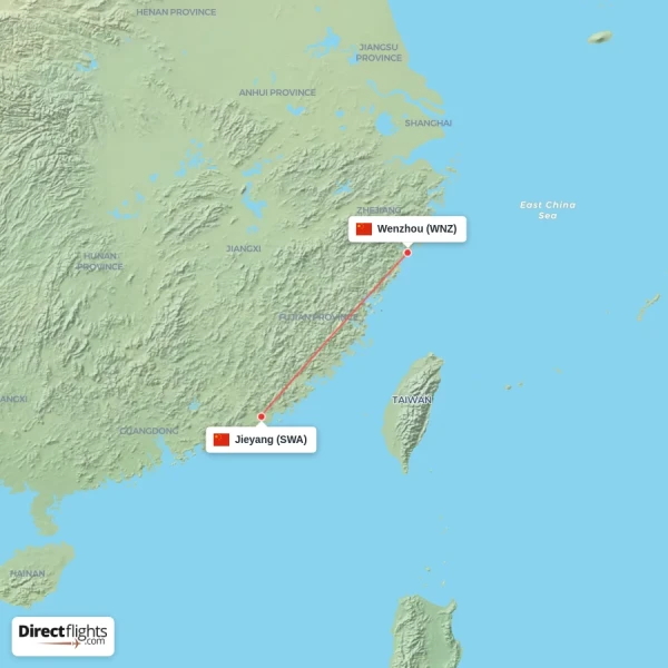 Jieyang - Wenzhou direct flight map