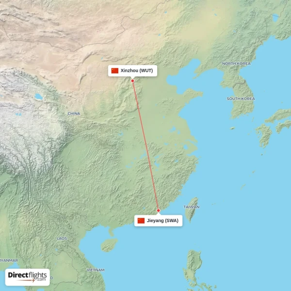 Jieyang - Xinzhou direct flight map