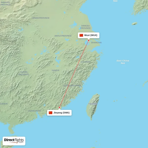 Jieyang - Wuxi direct flight map