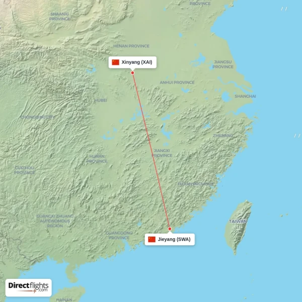 Jieyang - Xinyang direct flight map