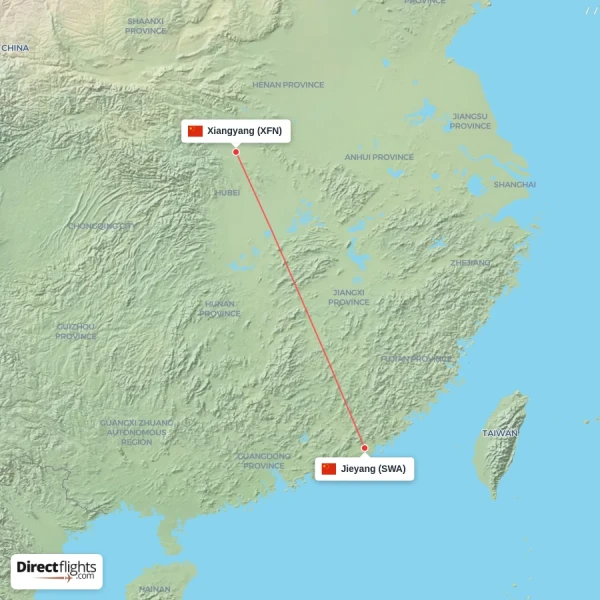 Jieyang - Xiangyang direct flight map